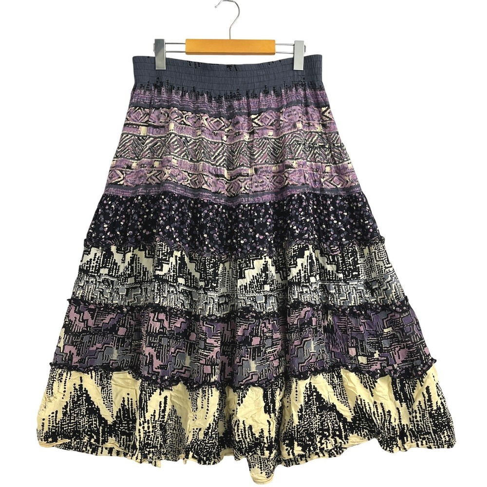 Carole Little Vintage Tiered Maxi Skirt Purple Black Tribal Print Rayon Size 14